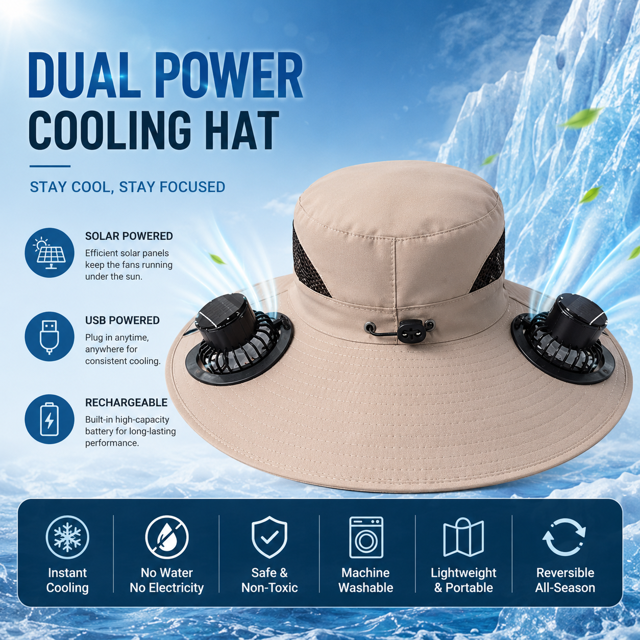 Solar-Powered Outdoor Cooling Fan Hat